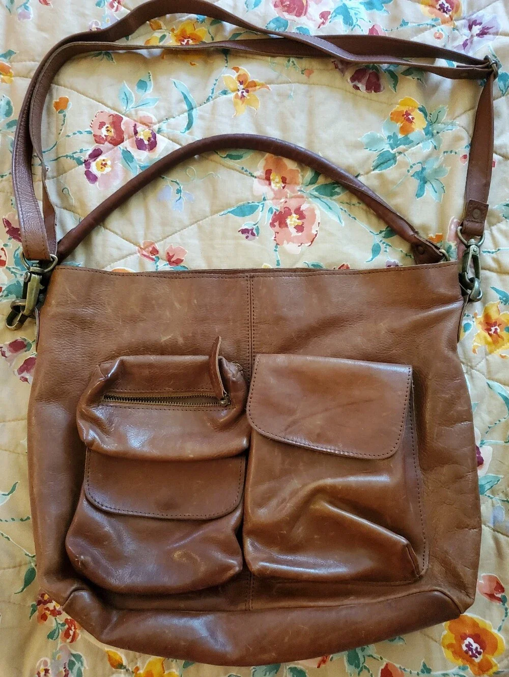 Large Brown Leather Crossbody Tote with Front Pockets